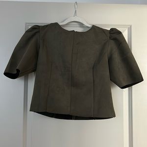 Faux leather Tahari olive green top